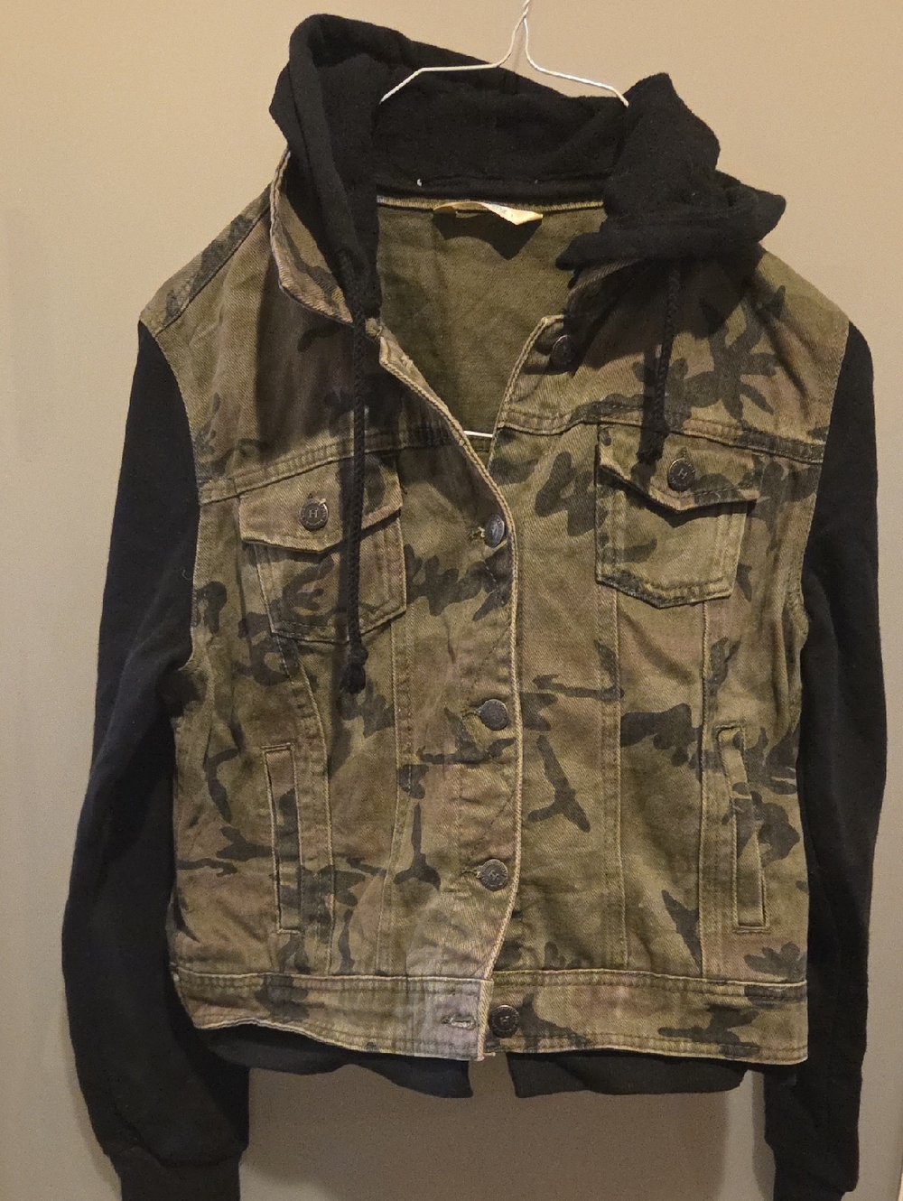 Camo Denim Jacket with Black Hoodie Sleeves